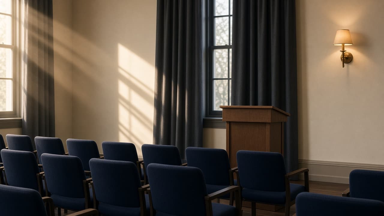 An empty civic briefing room in late-afternoon light