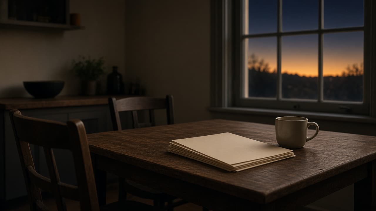 Family paperwork on a kitchen table at dusk
