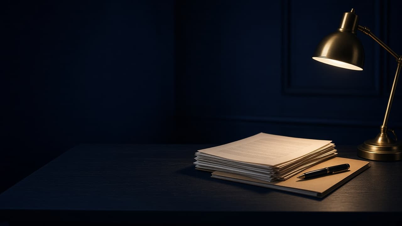 Warm lamplight on campaign papers in a darkened editorial office