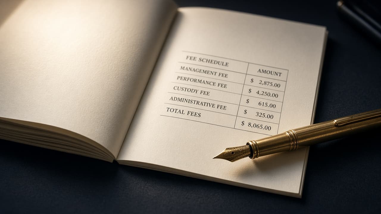 A ledger, pen, and papers on a charcoal desk