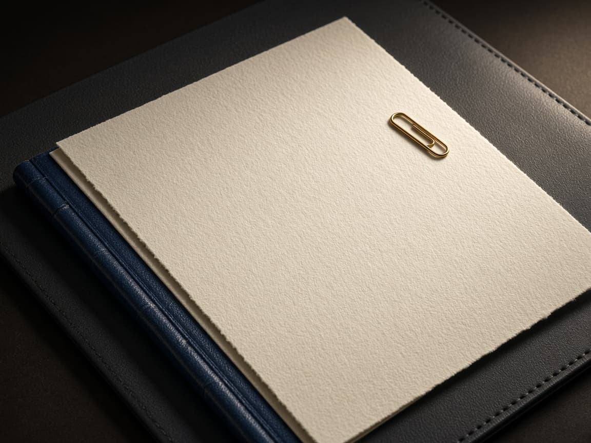 Cream stationery and a leather blotter in gold light