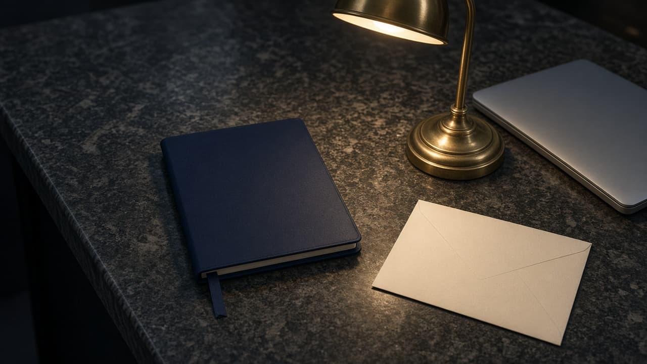 Closed documents and a desk lamp suggesting verification work